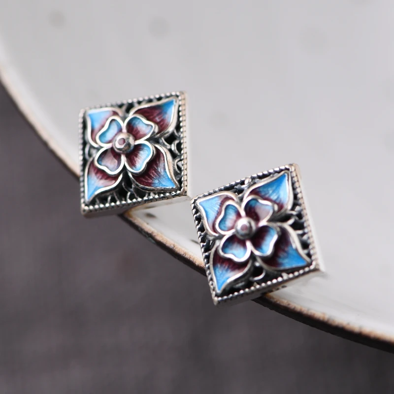 Wholesale real pure S925 sterling silver Chinese Cloisonne fashion Flower jewelry earrings for women Anillos