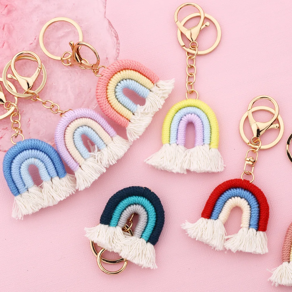 Boho Cotton Rainbow Tassel Key Chains Car Pendant Bag Accessories Woven Keychain Charm Boho Rainbow Macrame Tassel Keychains