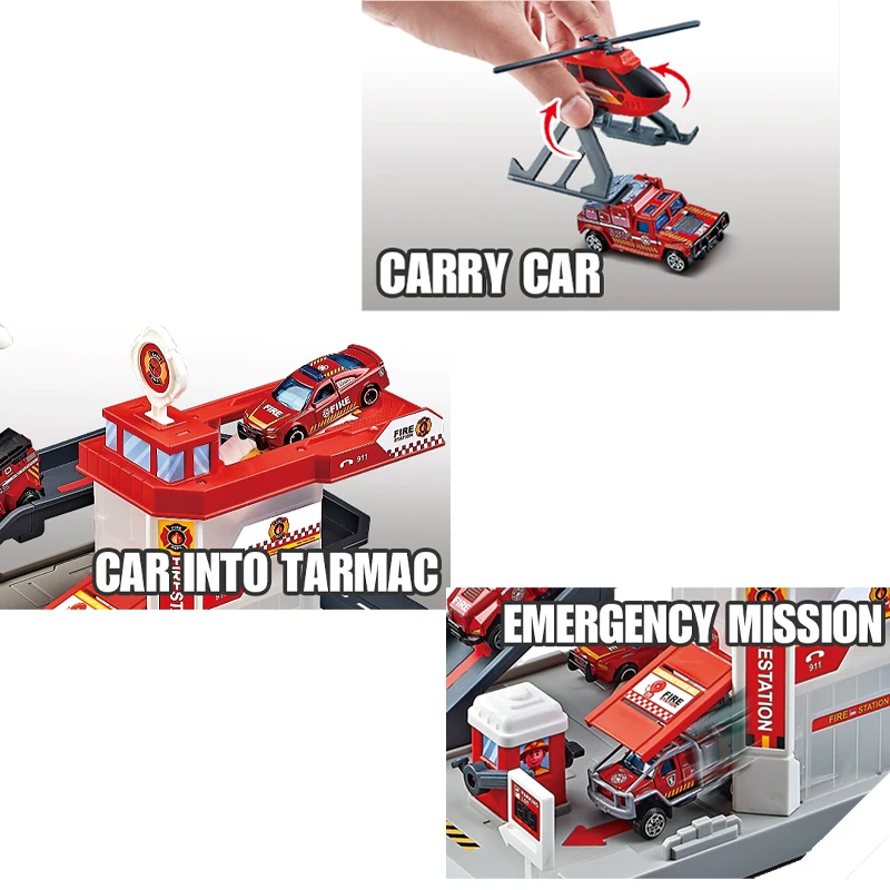 QS Promotional Gift Kids DIY City Theme Model Car Track Set Toy Plastic Fire Truck Series Parking Lot Vehicle Toys For Children