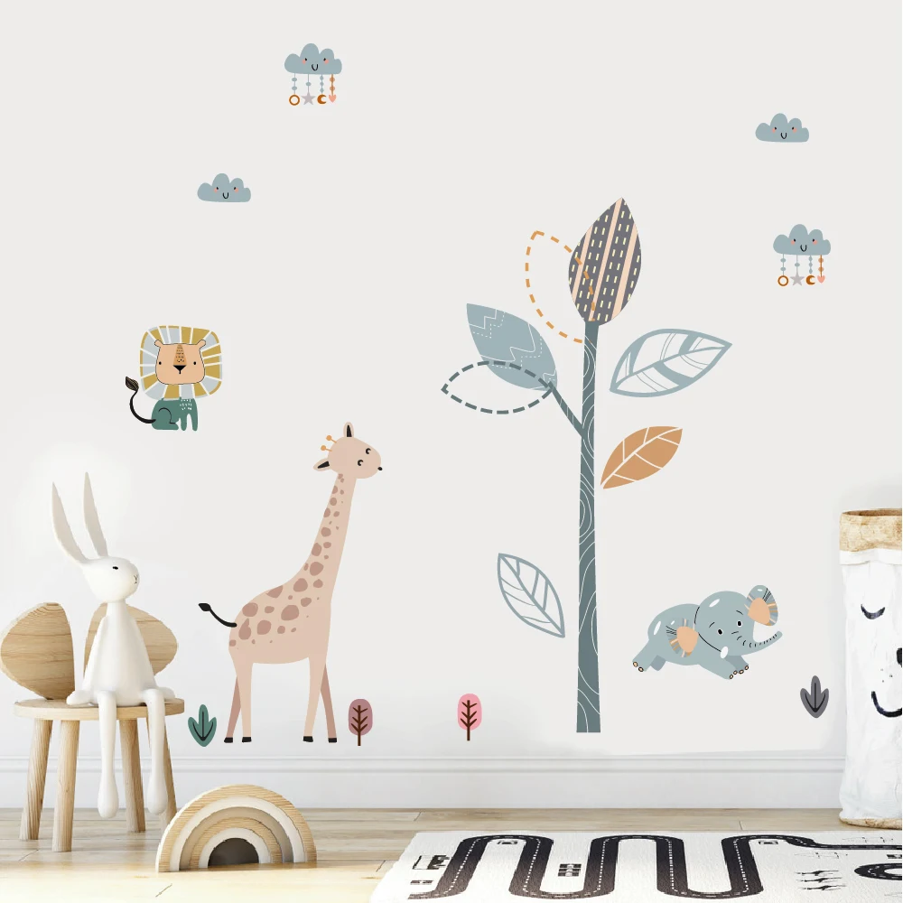 Self adhesive cartoon transparent giraffe elephant tree sticker for baby room wall boy