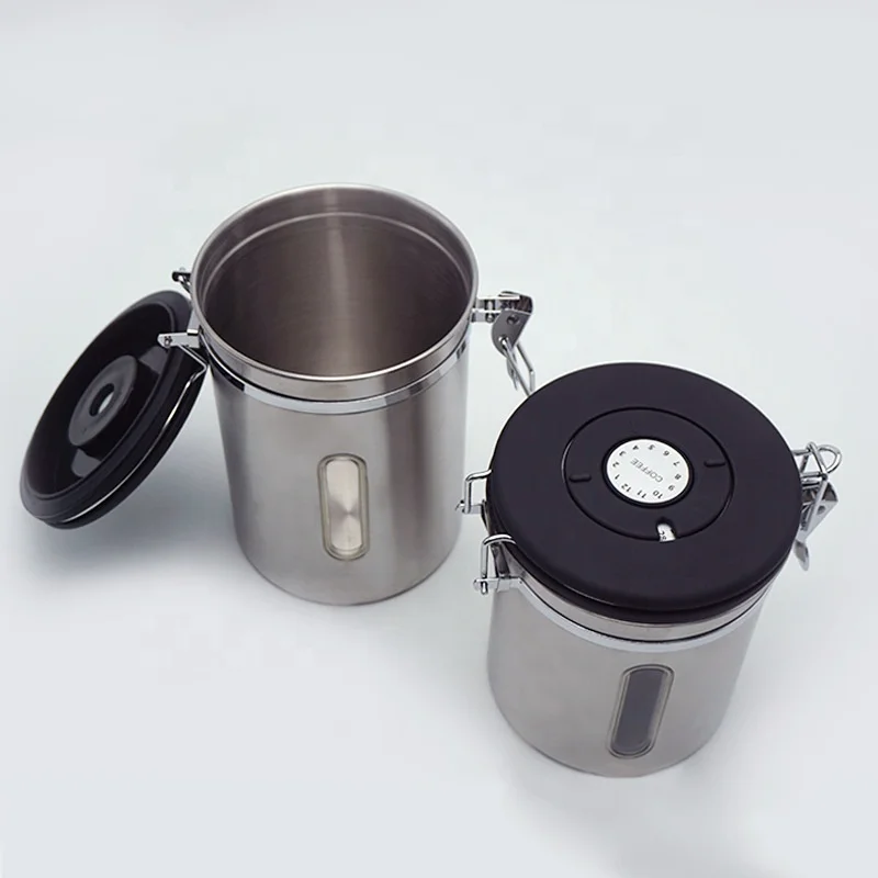 Hot Sale Coffee Canister With Airtight Lid Transparency Window Rotating Freshness Date Serving Spoon Stainless Steel Canister