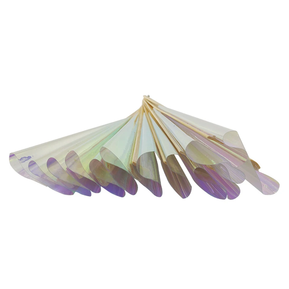 Hot selling custom logo 13 inch rainbow film wooden fan PVC big fan outdoor laser film magic color plastic film waterproof