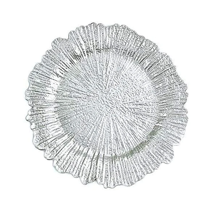  High Quality 13 Inch Unbreakable Wedding Party Decorative Under Plates Silver Round Reef Plastic Charger