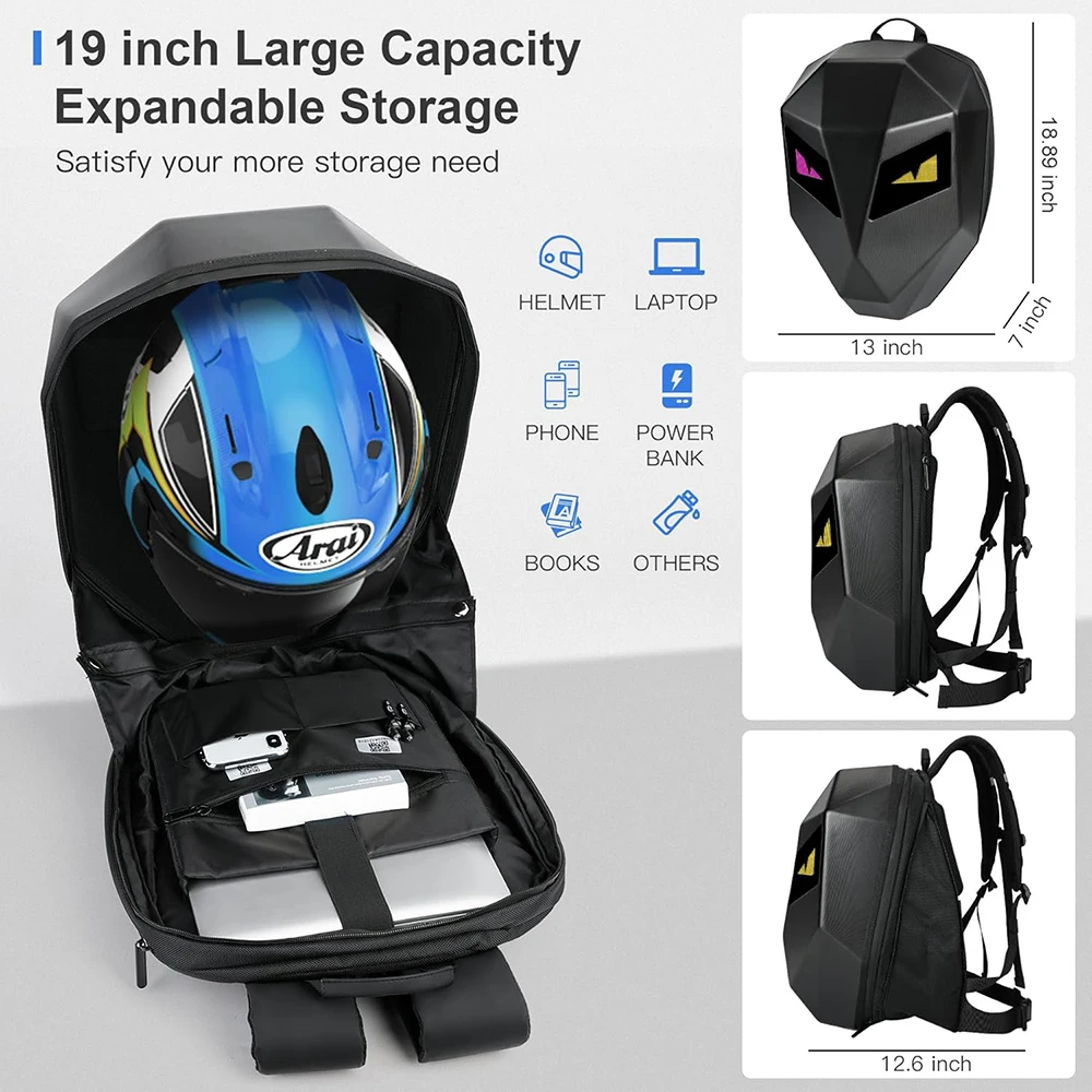 Motorcycle Backpack LED Eye Backpack Hard Shell Large Waterproof Helmet Bag Laptop Backpack With DIY Programmable Screen
