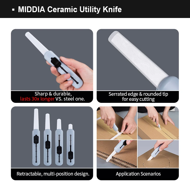 MIDDIA Box Cutter Safety Utility Knife Ceramic Cardboard Carton Cutter With Serrated Replacement Blade