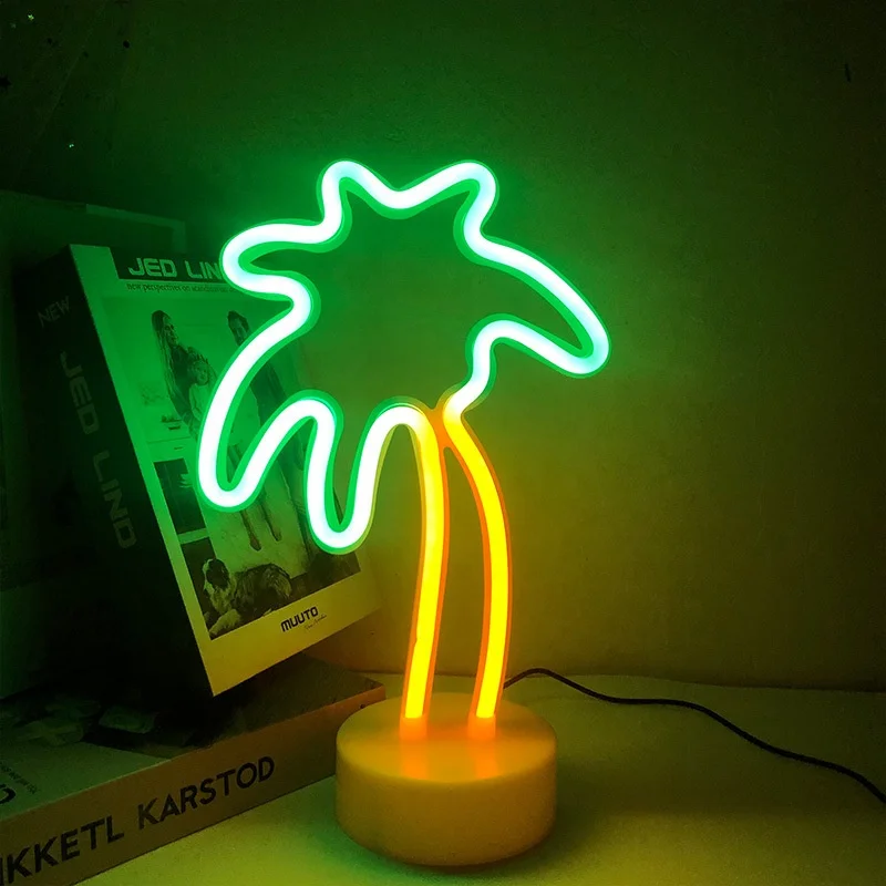 Palm Tree Light Led Neon Sign with Base Battery Operated Night Light Lamp for Bedroom Indoor Home Decoration