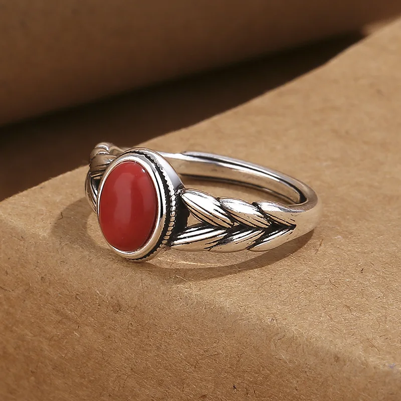 Fashion Wheat Ear Ring South Red Agate Gemstone Rings Vintage Wheat Designed Adjustable Rings Stylish Carnelian Ring