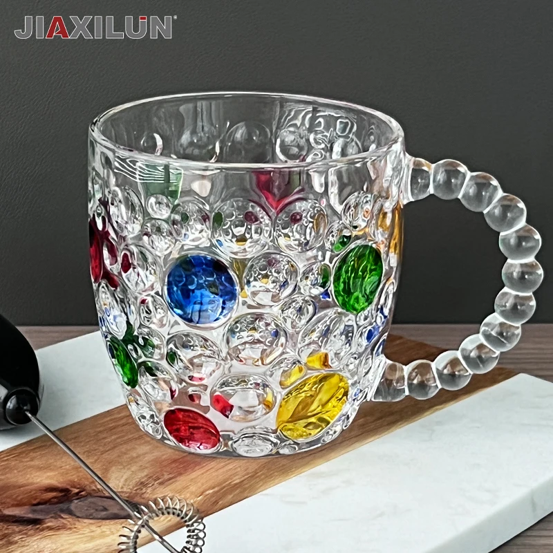 High-quality Transparent Glass Cup Colored Polka Dot Glasses with Handles Drinking for Tea & Coffee