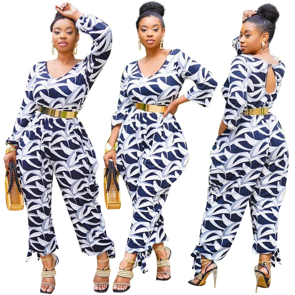 fall 2021 women clothes Long-sleeved Geometric pattern printing casual loose wide-leg one piece jumpsuits women