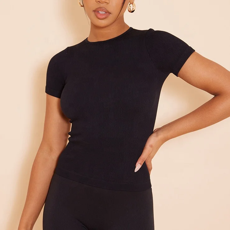 Summer Custom Logo Cotton Ribbed Blank Gym White Tight Sexy Tshirt Ladies Round Neck Slim Fit T Shirts For Women