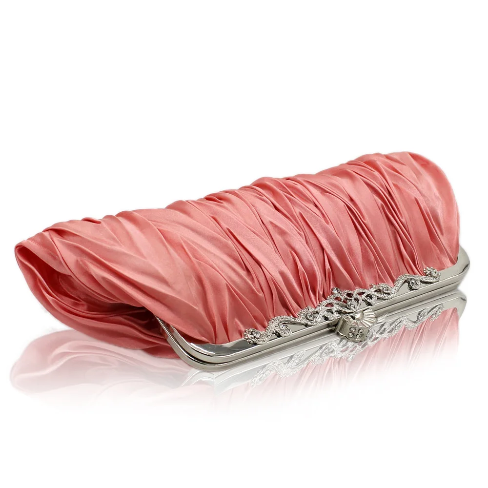 
Luxury pleated satin women clutch bag evening party with metal frame 