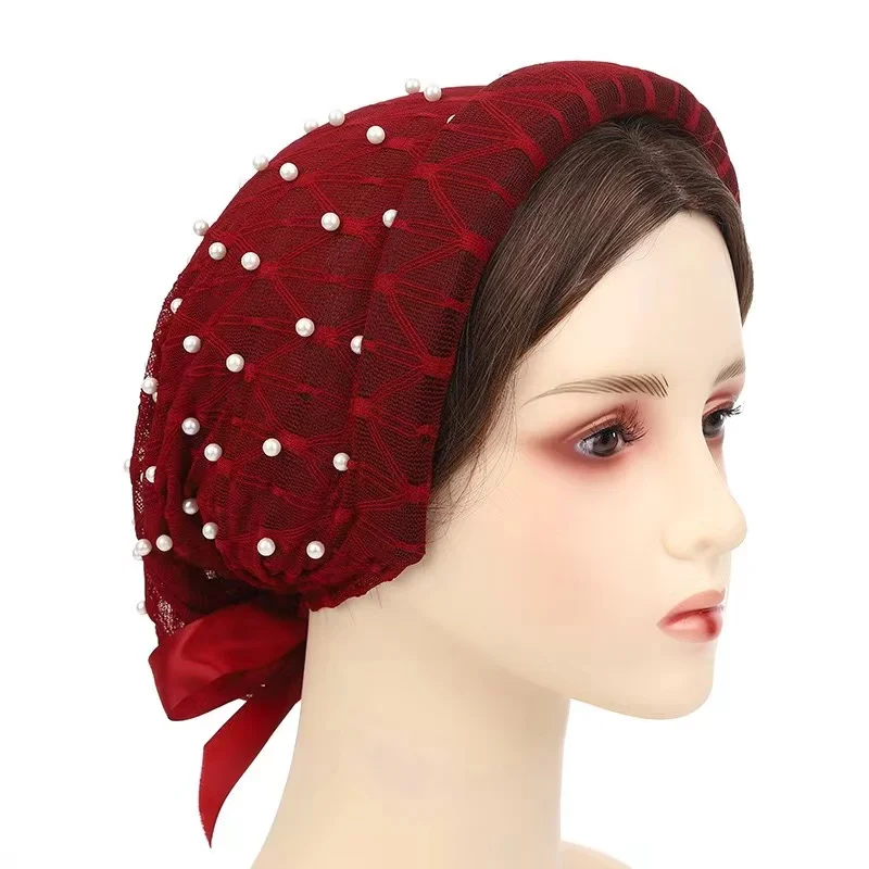 Yiwu Muqian Trading Firm Full head hat with lace bow internet celebrity hot style Beaded headscarf and hat for Muslim women
