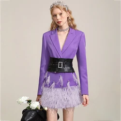 OEM ODM wholesale women slim fit beading feather hem blazer dress with leather belt