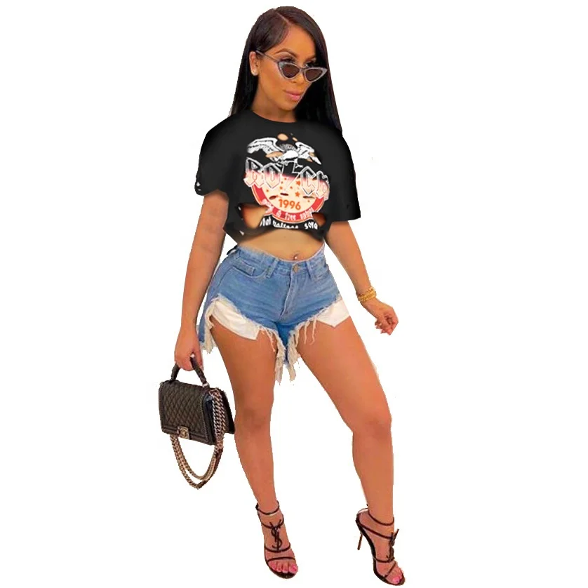 
RX-W8025 High quality polyester letter pattern dtg printer t-shirt printing machine hollow burn-out crop tops t-shirts women 