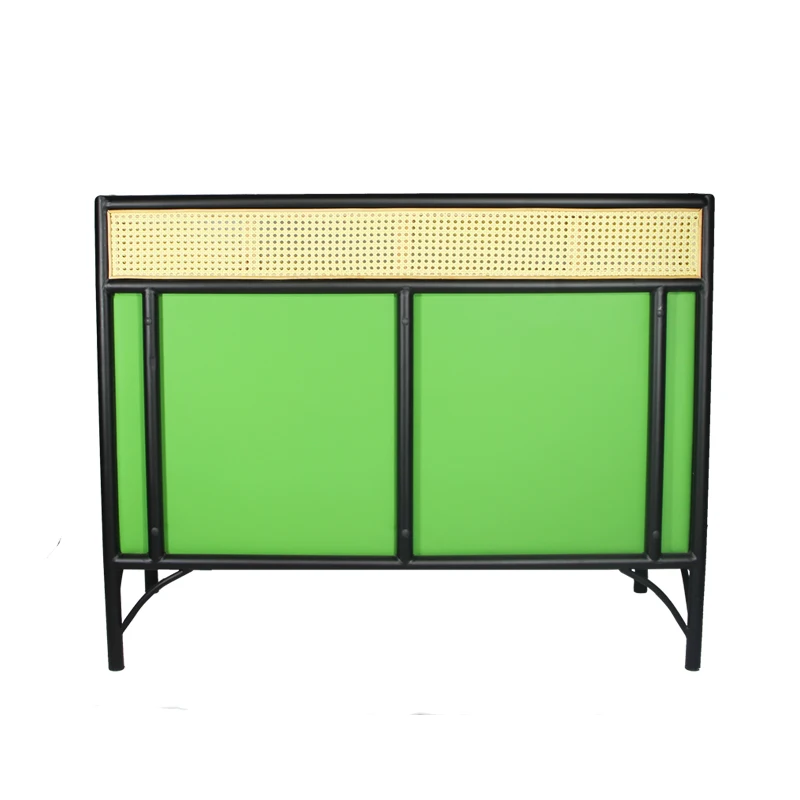 Metal rattan  frame  and upholstered PU leather soft cushion restaurant green furniture seat