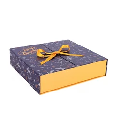 Elegant foldable chocolate candy package empty cardboard gift box with ribbon for Christmas