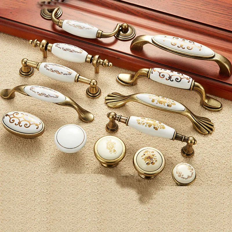 AIMINO золотые с белым керамическим золотым цветком, кухонные дверные ручки, ящики, модные ручки, ручки для шкафа, ручки для шкафа