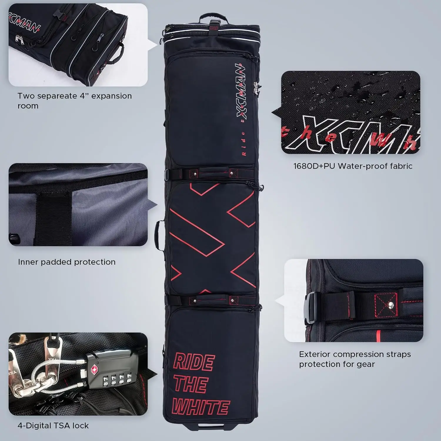 Padded Snowboard Bag with Wheels- Snow Ski Bags for Air Travel Adjustable Length 61-70In Large Capacity with Water-Resistant