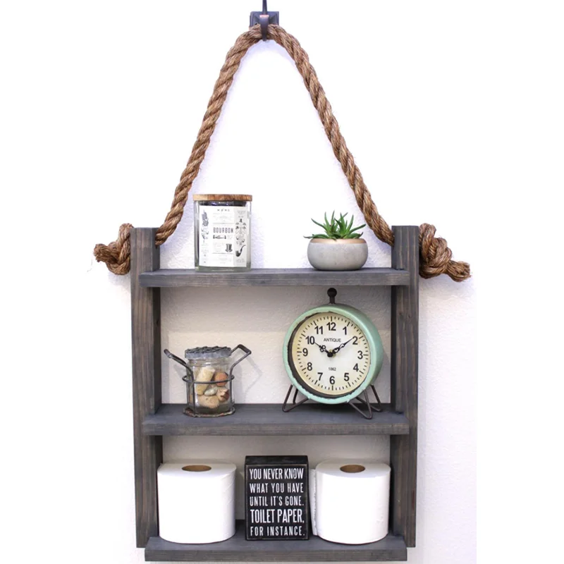 Farmhouse Decor Rustic Ladder Design Rope Hanging Shelf Hanging Shelf Wood
