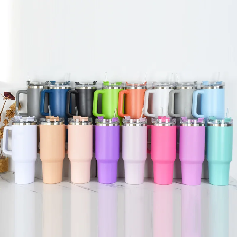 40 oz double wall vacuum insulated stainless steel 40oz tumbler with handle straw lid powdered coated wholesale bulk