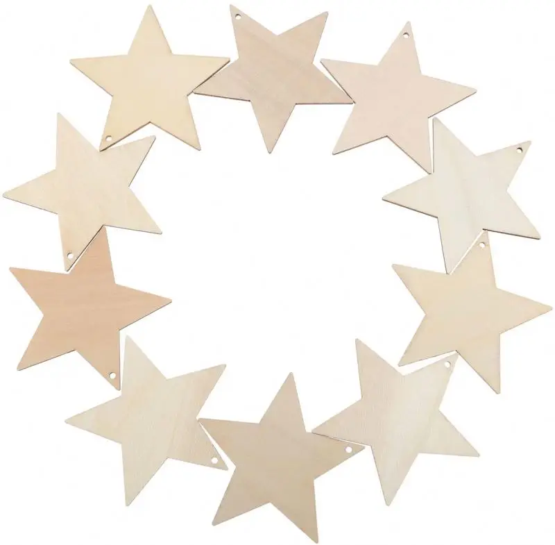 20 Pcs Christma Tree Hanging Ornaments Natural Wood Star Shape Cutouts Pentagram Slice