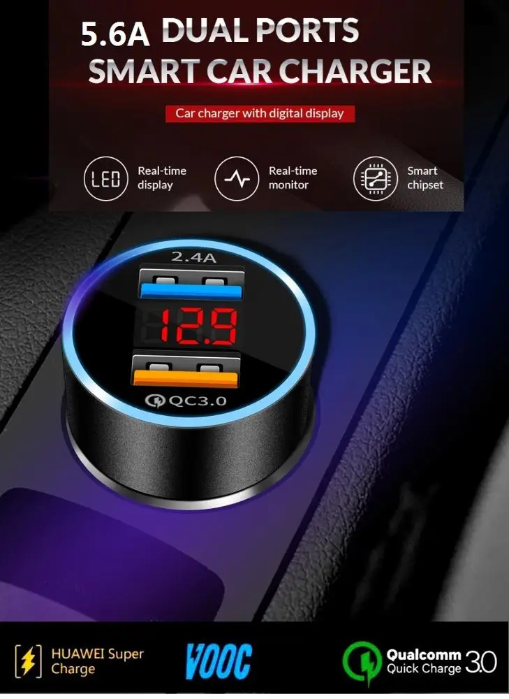 Бесплатная доставка автомобильное зарядное устройство с двумя USB-портами QC3.0 быстрая зарядка подходит для смартфонов iPhone Samsung iPad Huawei