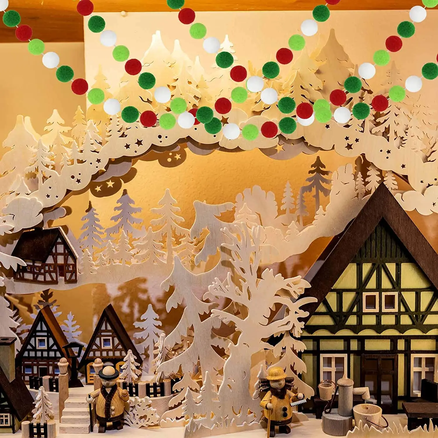 Handmade wool felt garland  white red green DIY pompom Christmas wreath tree and fireplace banner holiday decorations crafts