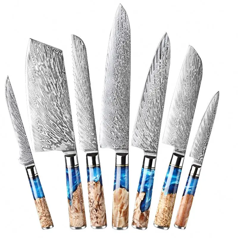 New Desgin Hot Sale Ergonomic Superb Sharp Edge Japanese Damascus Steel 7 Pieces Kitchen Knives Set