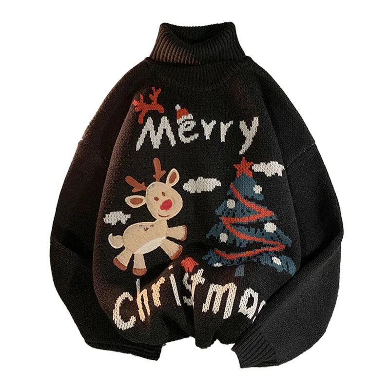 Black Friday Custom Logo Xmas Tree Deer Elk Jacquard Knitted Turtleneck Pullover Ugly Christmas Sweater Plus Size Men