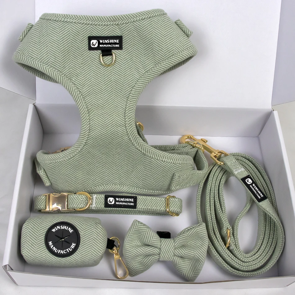 Personalized No Pull Tweed Pet Dog Harness Leash Lead Collars Set Custom Logo Wholesale Manufacturers Luxury pet boutique