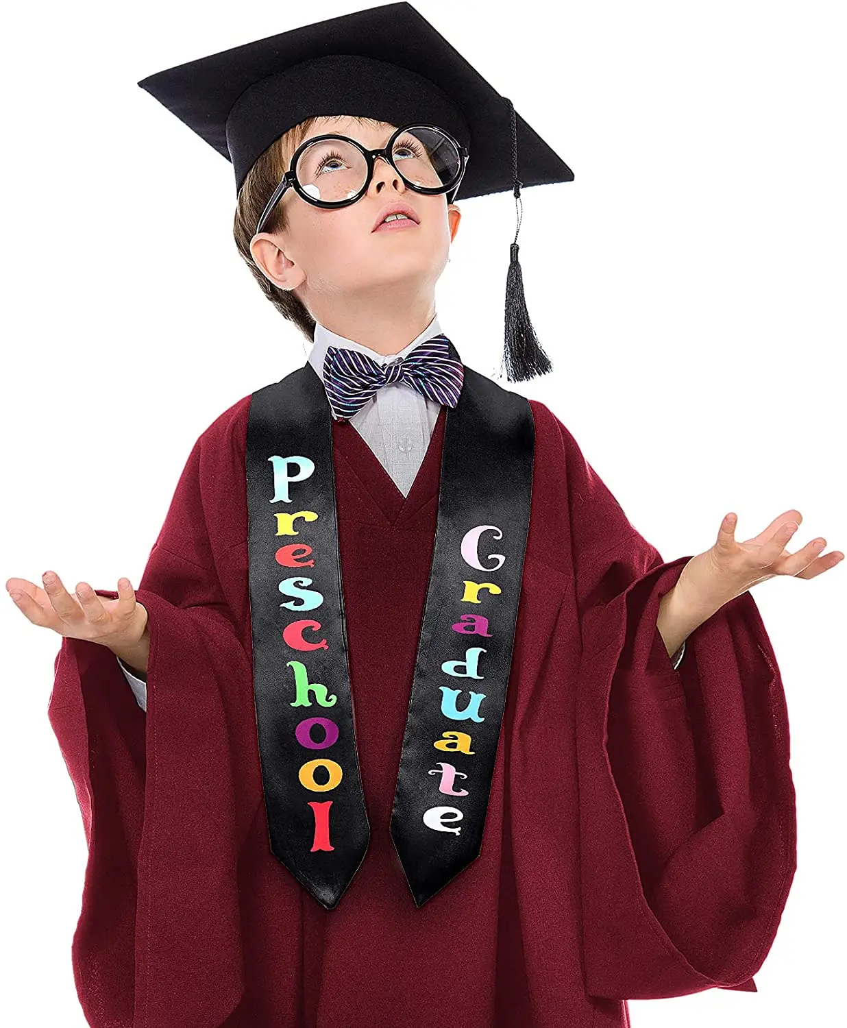 Kids Graduation Stole Sash Printed Preschool Word for Unisex Preschool Graduate (Black)
