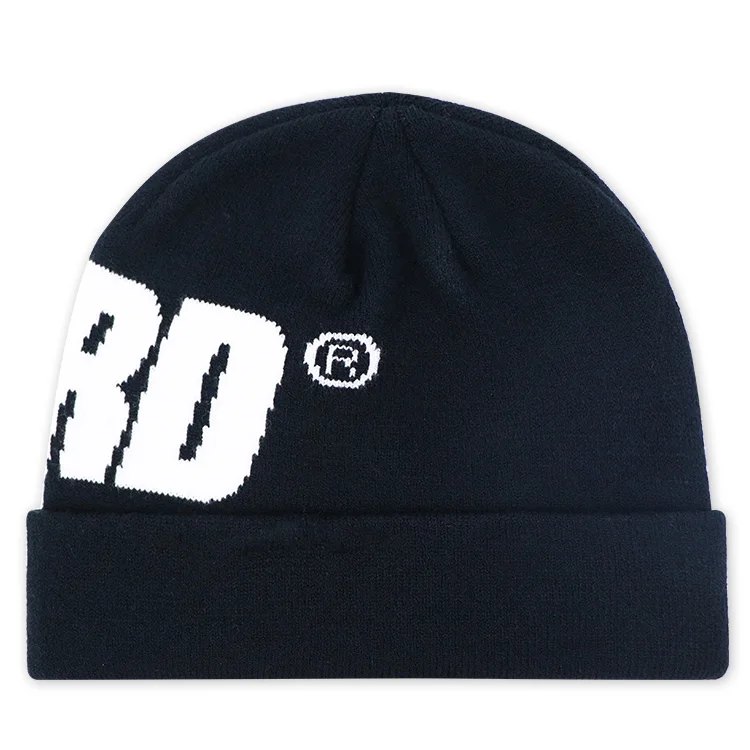 Hengxing christmas men women winter warm black white jacquard custom rubber patch logo knitted beanie