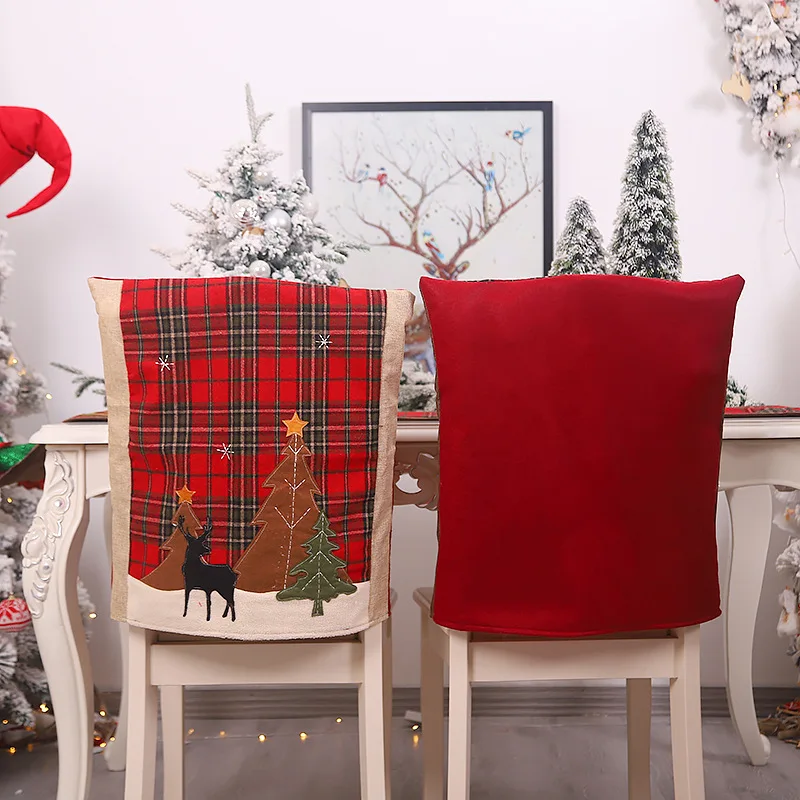 Wholesale red plaid tree pattern xmas chair cover polyester jacquard fabric christmas chair cover