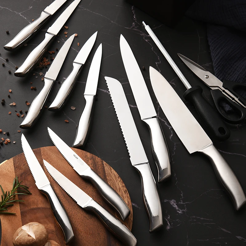 30Cr13 High Carbon Stainless Steel 14 Pieces Kitchen Knife Set With Wooden Block Hollow Handle Chef Knife With Knife Sharpener