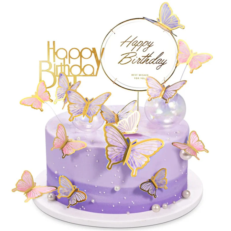 High-grade Wholesale Circle Iron Acrylic Happy Birthday Cake Picks Diy Small Butterfly Cardboard Cupcake Cake Topper Decoration