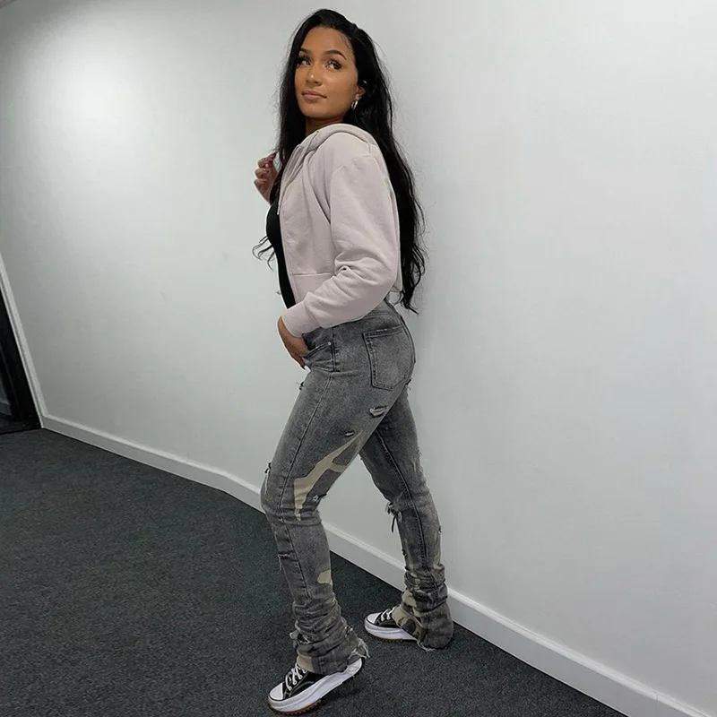 Best Seller Camouflage Print  Xs Size Clothing High Waist Distressed Ripped Denim Stacked Jeans Women Pants
