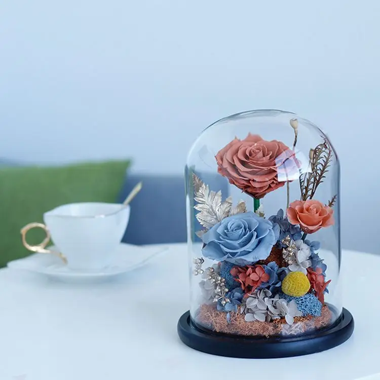 Hot Selling Christmas Wedding Decor Preserved Roses Long Life Roses Forever Eternal Roses in Dome Glass