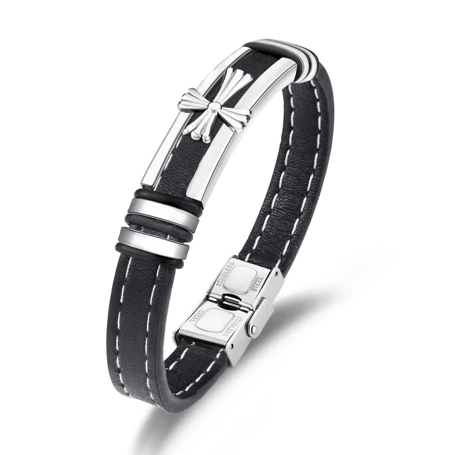 MLB028 Leather Cross Bracelet for Men Christian Religious Confirmation Gifts with Stainless Steel Clasp Black Color Bangle