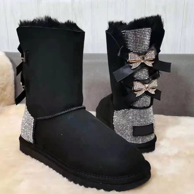 Wholesale fashion ladies sheepskin kids women winter snow ribbon fur boots with bows 2023 snow boots