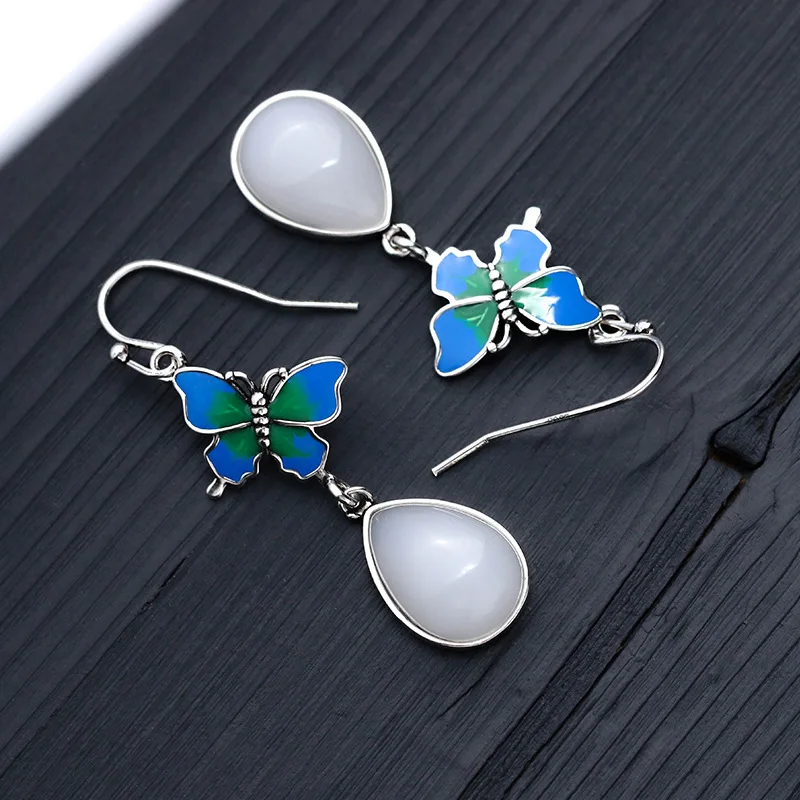High Quality Vintage Design Enamel Thai Silver Plated Artificial Jade Butterfly Earrings for Engagement or Anniversary