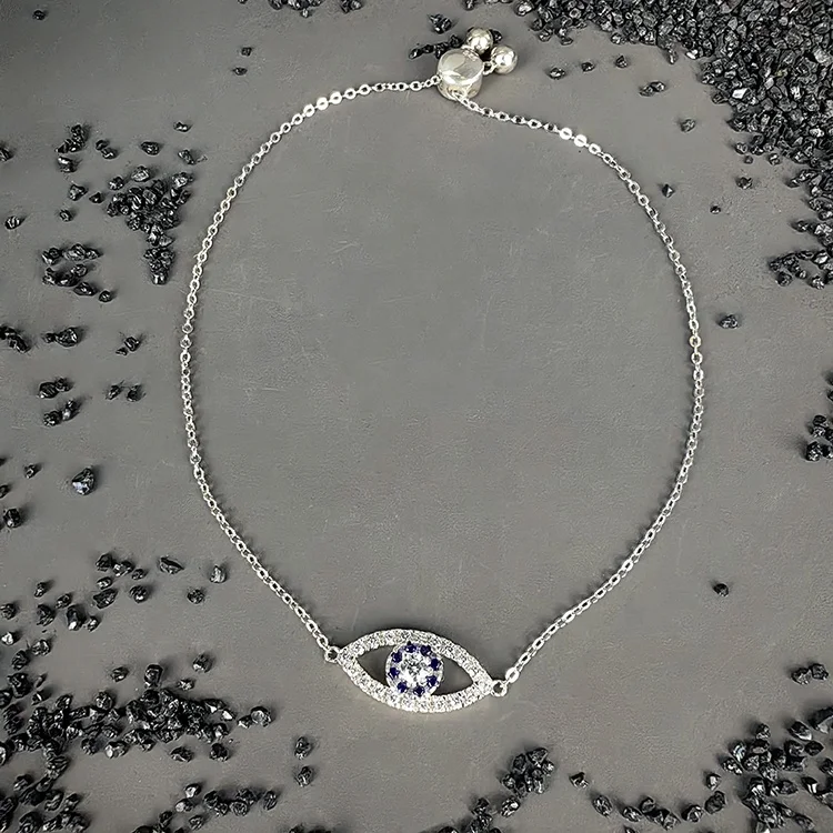 Fine Jewelry Nazar Boncugu Adjustable 925 Sterling Silver Blue Evil Devil Eye VVS Moissanite Charm Bracelets For Women