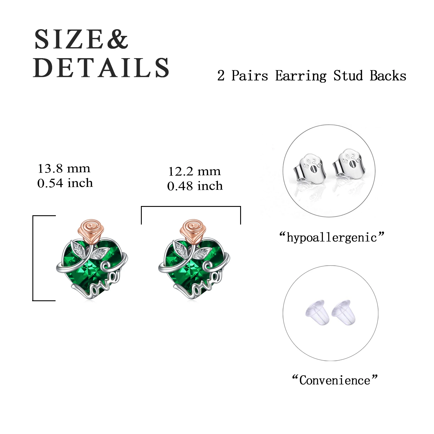 Hot Sale 925 Sterling Silver Green Crystal Two Tone Rose Love Heart Stud Earrings For Women