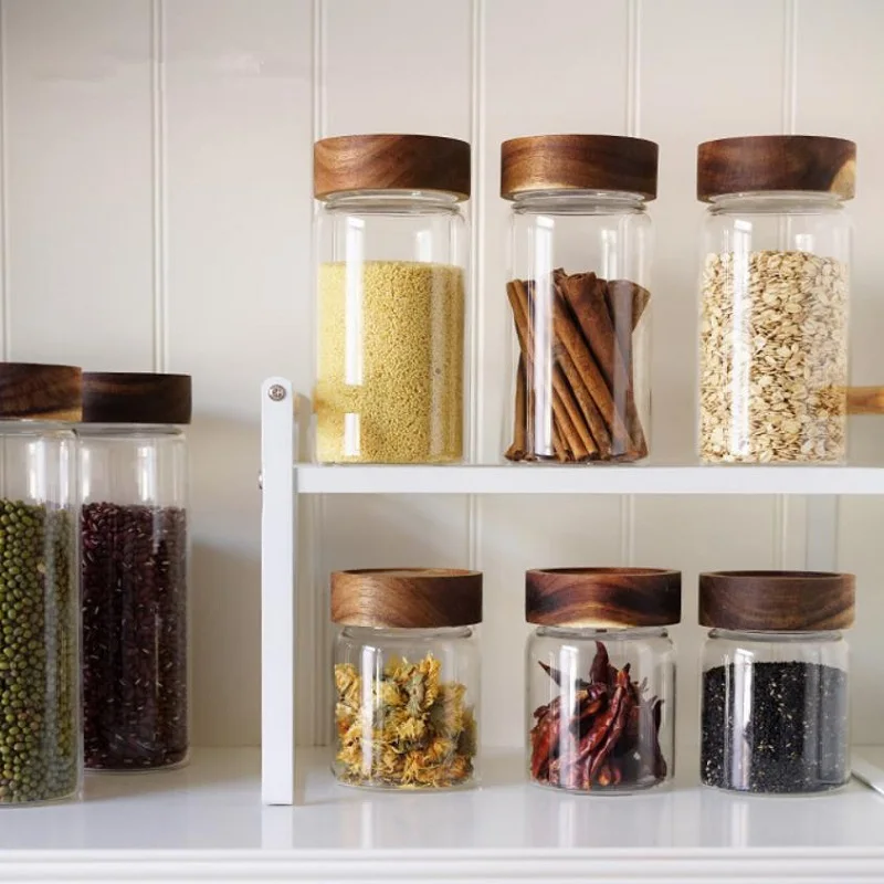 Wholesale High borosilicate glass jar food storage bottles with Acacia wood lid
