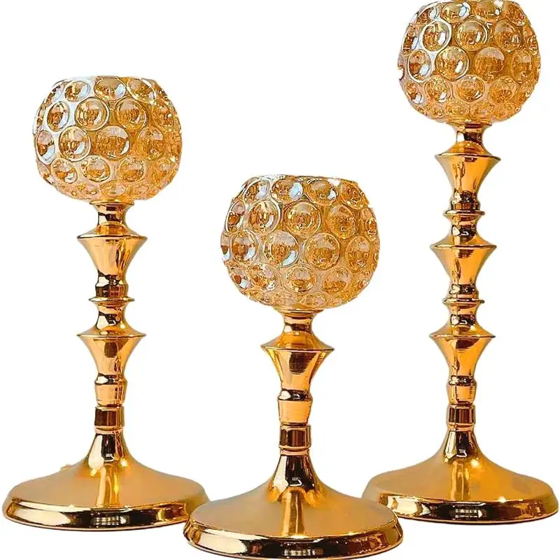 
High Qulity Fashion Plating Color Weddings Set Of Gold Metal Glass Candle Holder 