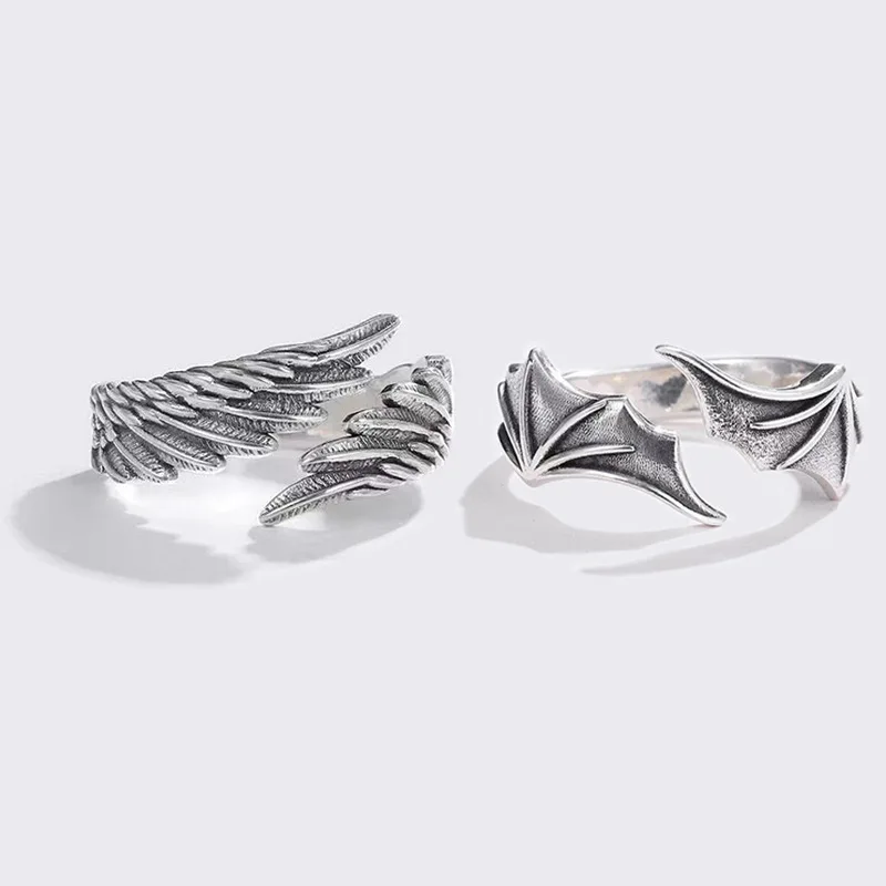 Fashion Hot Selling Retro Silver Adjustable Exotic Rings Angel vs Demon Wings Punk Ring for Lovers