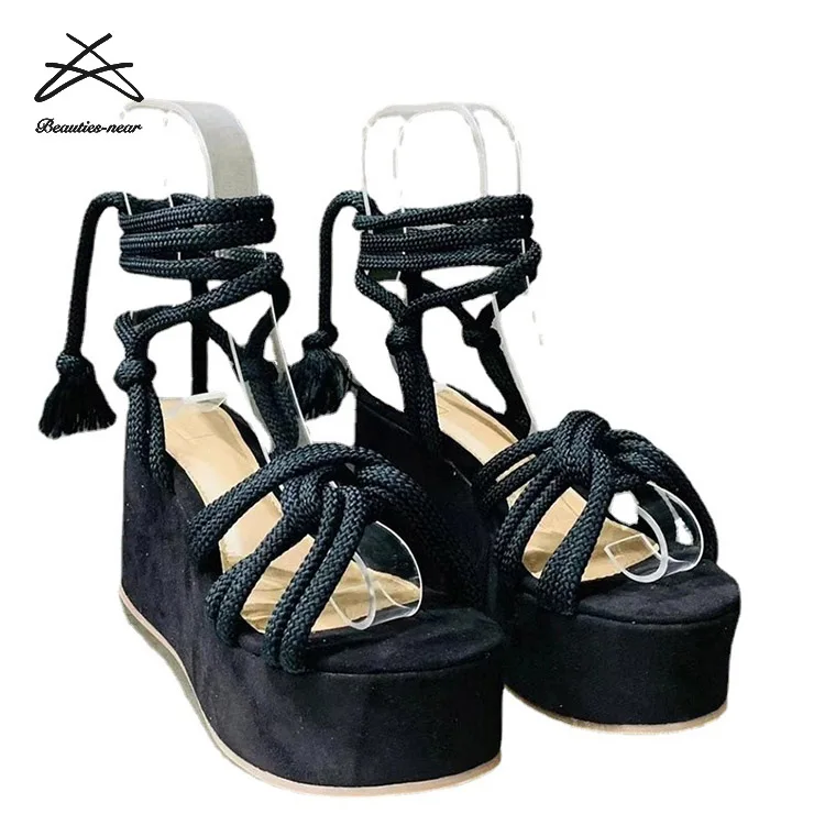 2022 New Platform Sandal Women Shoes Lace Up Plus Size Striped Wedge Sandals Womens Summer Chunky Outdoor Heeled Sandals