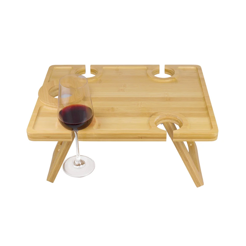 Outdoor Wine Picnic Table Large Folding Portable Bamboo Snack & Cheese Tray With 4 Wine Glasses Holder & Adjustable Wine Glass