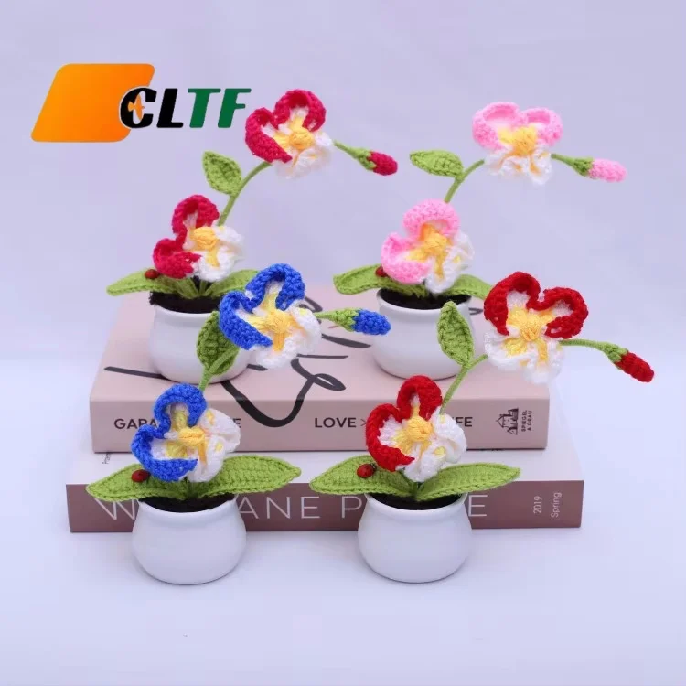 Handmade Crochet Gradient Heart Tulip  Rose Flower Potting Knitting Flower Knit Potted Flower Novelty Christmas Valentines Gifts