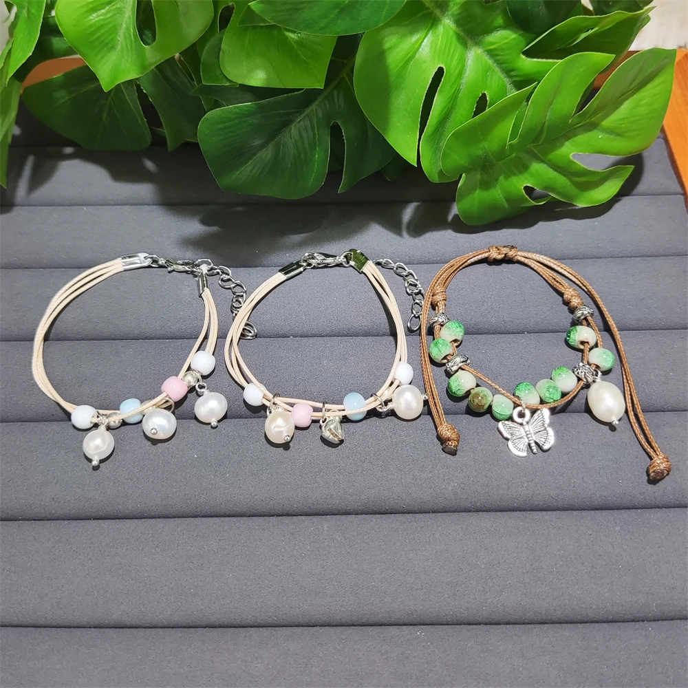 Прямая Продажа с фабрики фарфоровые веревочные браслеты ручной работы подвесками в виде колокольчика из натурального жемчуга керамический браслет подвеской