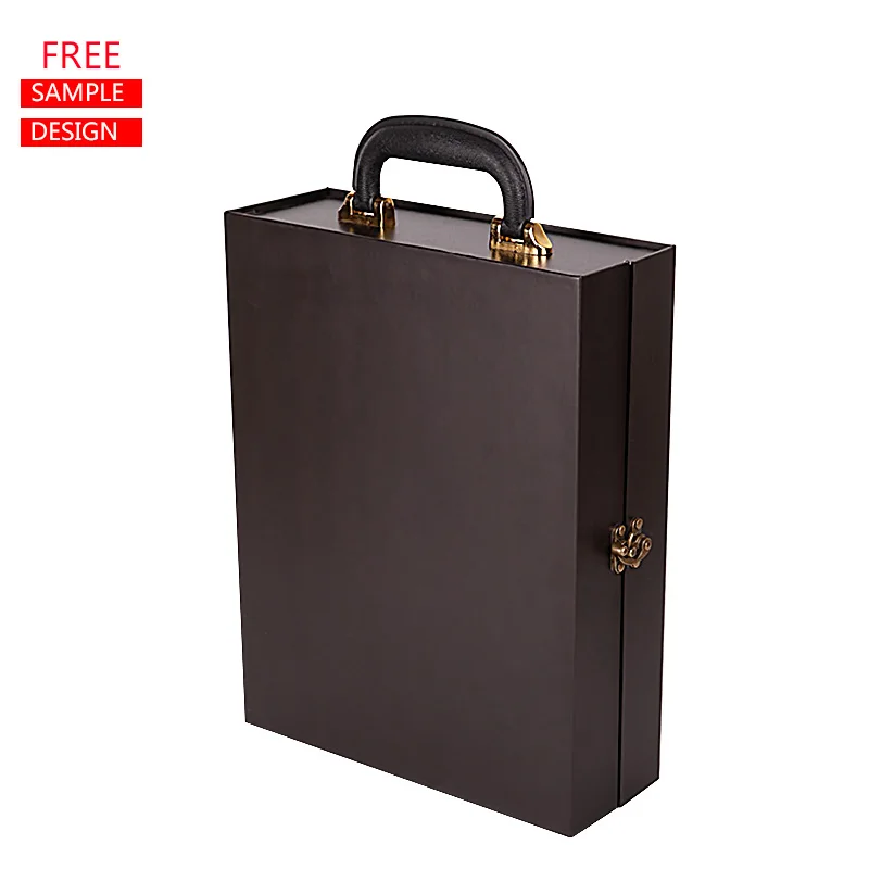 simple red wine bottle pack leather box magnetic paperboard 2 bottle black leather wine box for packing